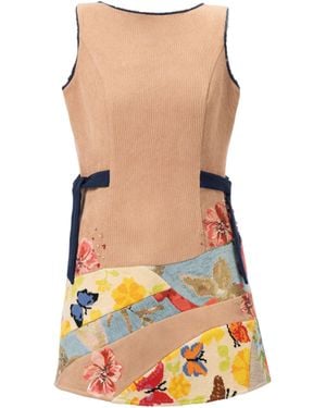 Rondooz Hand Painted Corduroy Mini Dress With Antique French Gobelin Tapestry & Hand Applied Embellishment - White