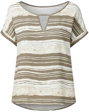 Conquista Short Sleeve Striped Keyhole Top - Natural