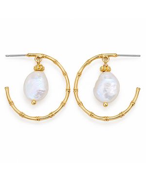 Way to Chic Plated Bamboo-Style Hoops With Freshwater Pearls - Metallic