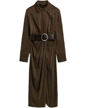 Nocturne Belted Draped Shirt-Collar Maxi Dress - Brown