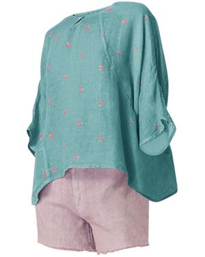 Haris Cotton Linen Gauze Blouse With Embroidery And Front Pocket Crystal Fuchsia - Blue