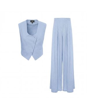 BLUZAT Linen Set With Fitted Vest And Wide-Leg Pants - Blue
