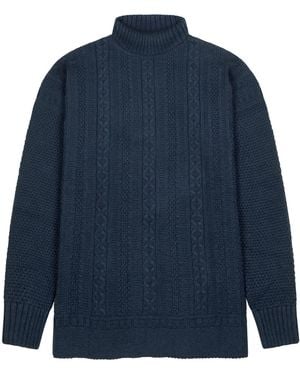 Paul James Knitwear Midweight Cotton Aith Cable Roll Neck Gansey Jumper - Blue