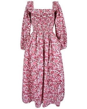 Echo of Pink Portia Smoked Hand Block Print Cotton Floral Midi Dress - Pink