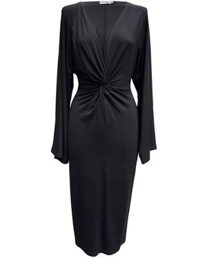 Imaatu Eclipse Knot Front Extremely Deep V-Neck Sculpting Elastic Viscose Midi Dress Long Kimono Sleeves - Black
