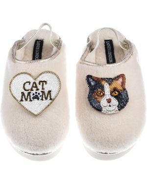 Laines London Neutrals Flatform Cloud Slippers With Calico British Shorthair Cat & Cat Mum/Mom Brooches - Metallic