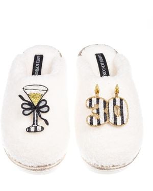 Laines London Teddy Closed Toe Slippers With Stripe 30Th Birthday & Champagne Glass Brooches - White