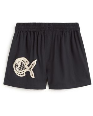 Thinking Mu Shorts Hand Embroidered Fish Geraldine - Black
