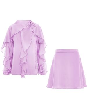 BLUZAT Ruffle Two-Piece Set With Tie-Neck Blouse - Purple