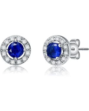 Genevive Jewelry Rachel Glauber Rhodium Plated With Sapphire Round Cubic Zirconia Halo Stud Earrings - Blue