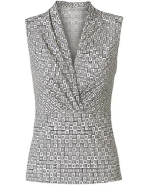 Conquista Geometric Print Drape Neck Top – Sophisticated Modern Style - Grey