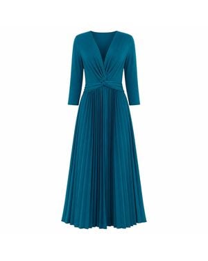 Yumi' Stretch Wrap Pleated Midi Dress - Blue