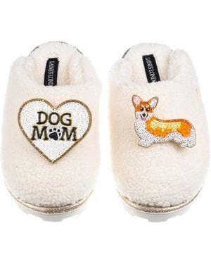 Laines London Neutrals Teddy Closed Toe Slippers With Dog Mum/Mom & Peach The Corgi Brooches - Metallic