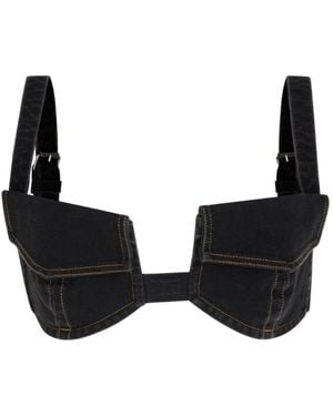 Circular Path Pocket Denim Bikini Top - Black