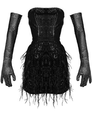 Ettie Feather Hem Sequin Strapless Mini Dress And Gloves - Black