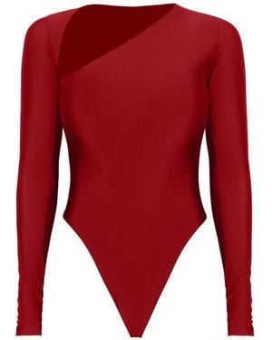 Moda Glam Asymmetrical Bodysuit- Burgundy - Red