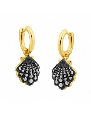 Artisan 14K Diamond Seashell Drop Hoop Earrings - Metallic
