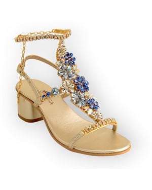 DAMAPREZIOSA Daisy Aquamarine, Jewel Sandal With Crystal Flowers And Block Heel - Metallic