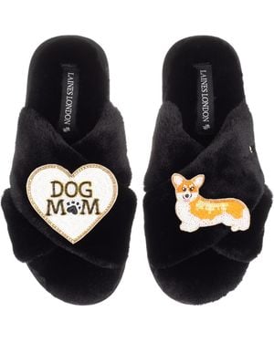 Laines London Classic Laines Slippers With Dog Mum/Mom & Peach The Corgi Brooches - Blue