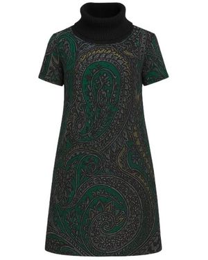 Conquista Turtleneck A Line Print Dress - Green
