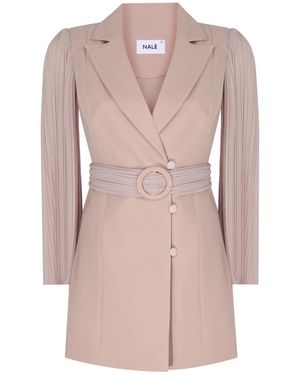 NALÈ Pleated Sleeves Blazer With Detachable Belt & Palazzo Wide Leg Trouser Suit - Pink