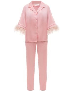 KÂfemme Satin Feather Shirt And Pant Pajama Set - Pink