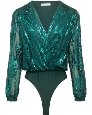 Urban Touch Sequin Wrap Bodysuit With Long Sleeve - Green