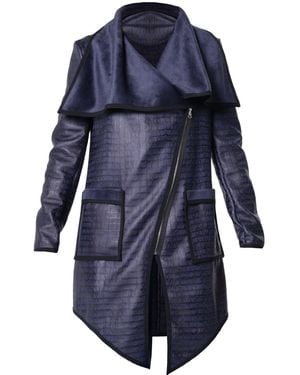 Metamorph Croc-Effect Asymmetric Zip Coat With Draped Collar - Blue