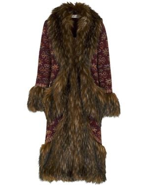 The Extreme Collection Jacquard Long Coat Emile With Printed Hem And Brushed Detail - Brown