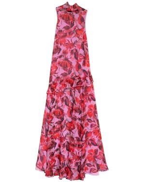 Niza Long Printed Dress With Ruffles And A Tie Neckline - Pink