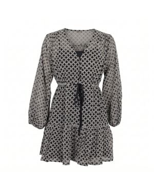 Modenaire Polka Dot Embroidered Lace Dress With V-Neck & Tie Waist - Grey