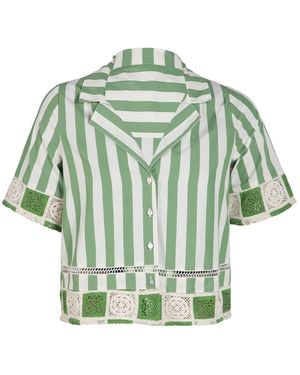 Rose & Nancy Helena Stripe Crochet Trim Cotton Resort Shirt - Green