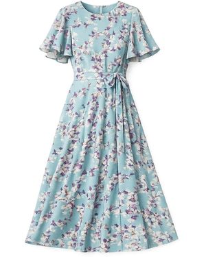 knee length dresses for ladies Britney Red Print Angel Sleeve Midi Dress – Girl In Mind