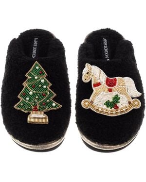 Laines London Teddy Closed Toe Slippers With Christmas Tree & Rocking Horse Brooches - Black