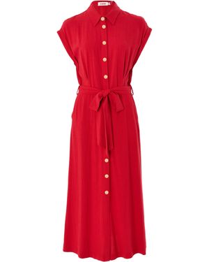 Louche Reese Linen Mix Button Through Midi Shirt Dress - Red