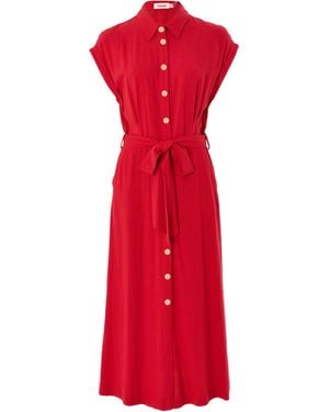 Louche Reese Linen Mix Button Through Midi Shirt Dress - Red