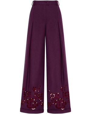 Annabo Burgundy Rose Eyelet Embroidered Wide-Leg Pants - Purple