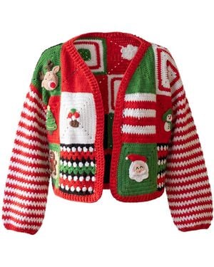 Ana Chic Festive Granny Square Handmade Crochet Cropped Cardigan - Red