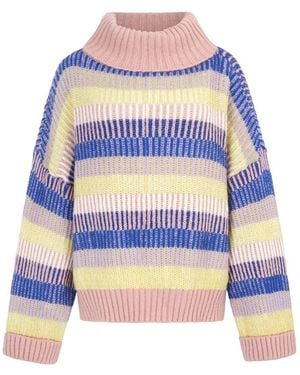 Cara & The Sky Tasha Oversized Balloon Sleeve Stripe Roll Neck Jumper - Blue