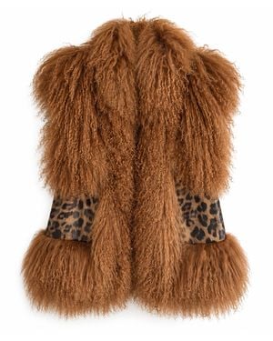 Shaded the Label Neutrals Prowl Leopard Print Leather & Caramel Mongolian Fur Gilet - Brown