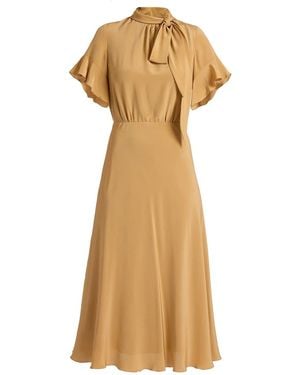Santorelli Sabrina Silk Short Sleeve Tie Neck Midi Dress - Natural