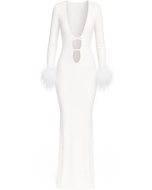 Moda Glam Snowfall Feather Trim Modal Knit Gown - White