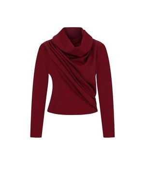 Maan Istanbul Draped Cowl Neck Long Sleeve Top Burgundy Blouse - Red