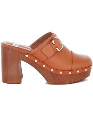 Rag & Co Septim Genuine Leather Studded Clog Heels - Brown