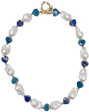 Farra Baroque Pearls With Heart Shaped Lapis And Apatite Gorgeous Necklace - Blue