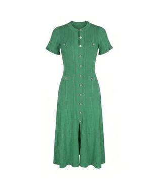Modenaire Textured Knit Midi Dress Refined Button Front - Green