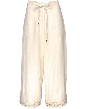 Lalipop Design Neutrals Sequin-Embellished Hem Detailed Cropped Linen Trousers - Natural