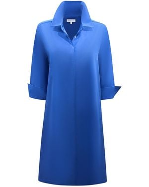 Perlavera Christy Midnight Solid Cotton Satin Three Quarter Sleeve Length Gathered Back Midi Dress - Blue