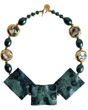 Edgar Navarro Jewelry Kambaba Jasper Necklace With Mother Of Pearl Beads & Pearls - Green