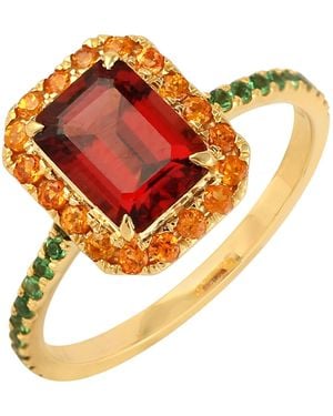 Artisan 18k Yellow Gold Red Garnet Tsavorite Handmade Cocktail Ring - Orange